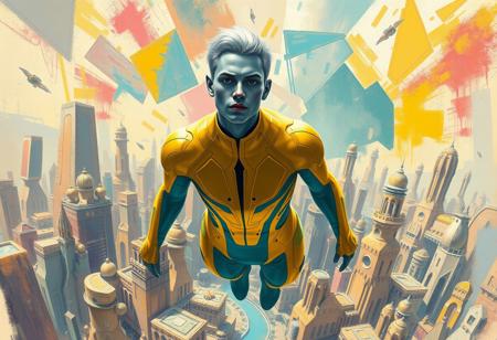 1boy, blue skinned, silver metallic short hair,  aged 30 (full body, facing camera, from below). Futuristic fashion, a golden yellow and teal  high tech bodysuit ,  it is form fitting with an open face design. the man has pale blue skin and is muscular and has an athletic  form , the hero is flying above a futuristic alien city that is very idyllic and made of numerous organic shaped buildings ,, the city behind him exploding into fractured shapes and vibrant brushstrokes. cinematic realism, modernist abstraction, vintage fashion, expressive color palette, fragmented composition, narrative surrealism, romantic noir, bold geometric forms, rhythmic patterns, textured brushwork, dreamlike tension, symbolic elements, 20th-century elegance, surreal backgrounds, abstract expression, stylized figures, visual dynamism, painterly contrast, emotional ambiguity, narrative experimentation