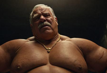 (photo, realistic, raw), (nighttime, at night, dark, dark hard shadows, cinematic atmosphere, movie grain, hazey atmosphere), closeup from below, (brute, etherial, spiritual, emperor, king, god), old burly buff gentleman, old manly mature man, combed back hair,  doublechin, old tanned grandpa, wrinkly neck, proud big chest, thick neck, armpits, tanned skin, tight golden spandex, gold jewellery, gold necklace, in a dark locker room at night, nighttime, arrogant disgusted disappointed smile, intimite situation, romantic atmosphere, loving expression, friendly, intimate, very personal and initimate, belly and pecs from below