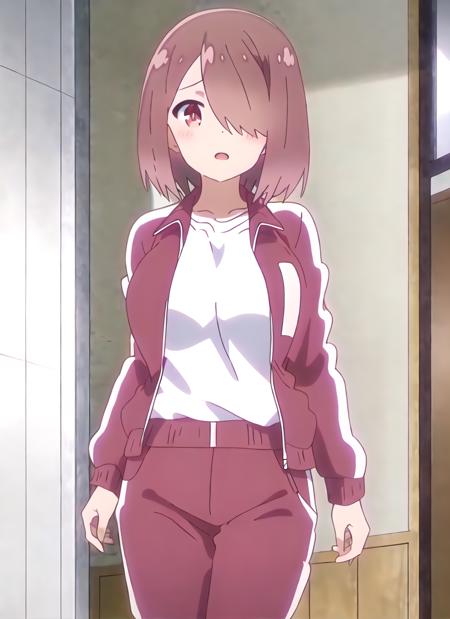 masterpiece, best quality, high quality, 1girl, solo,  <lora:hoshino_miyako-v2:1>, hoshino_miyako, red hair, red eyes, hair over one eye, short hair, indoors, track pants, white shirt, large breasts, t-shirt, track jacket, open jacket, anime screencap