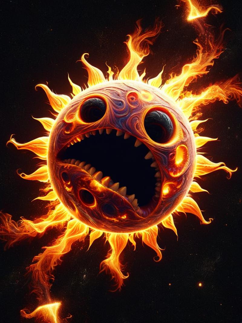 A digital art piece featuring a sun with a mouth and teeth, as if it is a monster.