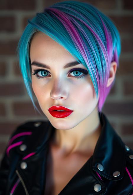 a gorgeous 25 years old caucasian woman, pale skin, cyan short hair in asymmetrical cut with shaved right side and pink longer bang on the left side, long blue eyelashes, blue mascara, purple eyeliner define her big beautiful grey eyes, green eyeshadow, luscious sensual red glossy lips, rouge, sexy curves, sexy feminine black leather jacket with neon pink and cyan lines, looking at viewer dominantly,