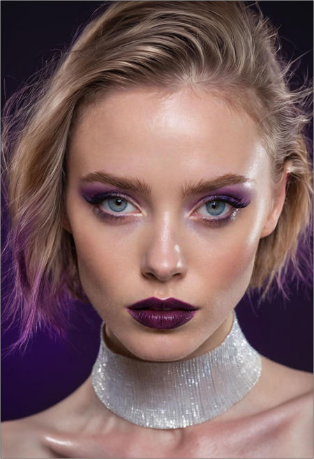 A professional (fashion photo photography:1.2),a  (studio portrait:1.2),showing (surrealistic style:1.1),(black purple gradient background:1.2),(exaggerated character movements:1.5),against glass,(masterpiece, best quality:1.4), perfect body,  long hair, brown hair, brown eyes, parted lips, , detailed skin,model photoshoot, long bob-cut hair, shiny oiled skin, pale skin,  pale white skin, shiny oiled skin, pale skin, realistic eye and face details), hyperrealism, very slim,  bright face, blue eyes, choker, make-up photography by (Ethel Warwick:1.3), modelshoot, pose, , (Ethel Warwick: 1,2) award winning photo macro shot  dramatic lighting,philosophical dimensions,NIKON Z9,35mm,f/1.2,RAW format,stark composition.,(muted tones:1.2),award winning photo,(dream-like quality:1.2),