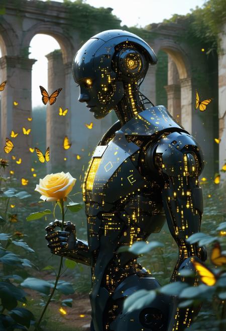 A humanoid android in a rose garden, glowing code across its face and body, surrounded by golden butterflies, holding a yellow rose, expression soft, post-apocalyptic ruins in background, cinematic lighting, bio-digital fusion, Neo-Gnostic Realism.
<lora:FLUX-daubrez-DB4RZ-v2:0.55> <lora:Sinfully_Stylish_.02_for_FLUX:0.35> <lora:dystopia:0.6>