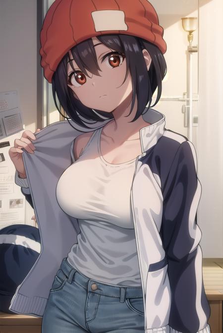 fuukoizumo, <lora:fuukoizumo-lora-nochekaiser:1>,
fuuko izumo, black hair, hair between eyes, (brown eyes:1.5), short hair,
BREAK shirt, white shirt, jacket, open jacket, pants, denim, beanie, (red beanie:1.2),
BREAK looking at viewer,
BREAK indoors, classroom, (cowboy shot:1.5),
BREAK <lyco:GoodHands-beta2:1>, (masterpiece:1.2), best quality, high resolution, unity 8k wallpaper, (illustration:0.8), (beautiful detailed eyes:1.6), extremely detailed face, perfect lighting, extremely detailed CG, (perfect hands, perfect anatomy),