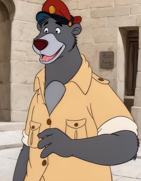 disney style cartoon,  <lora:TaleSpin_-_Baloo_2:0.8> 1boy, bear baloo, cartoon, face, furry, hat, male focus, peaked cap, red headwear, solo, yellow shirt, candy world of disney,( in art style Picasso:1.2), walking on the street,, ultra quality