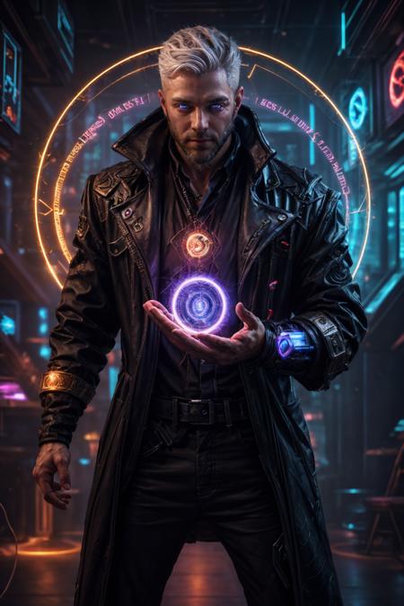 realistic, ((masterpiece)), ((best quality)), (detailed), cinematic, dynamic lighting, soft shadow, detailed background, professional photography, depth of field, intricate, detailed face, subsurface scattering, realistic hair, realistic eyes, muscular, manly, pectorals, abs, photo of a handsome man, cyberwizard, magic circle, casting spell, cyberpunk, science fiction, magic, dynamic pose, fighting stance, magic circle in background, dynamic angle, glowing, white hair, beard, glowing eyes, hologram,