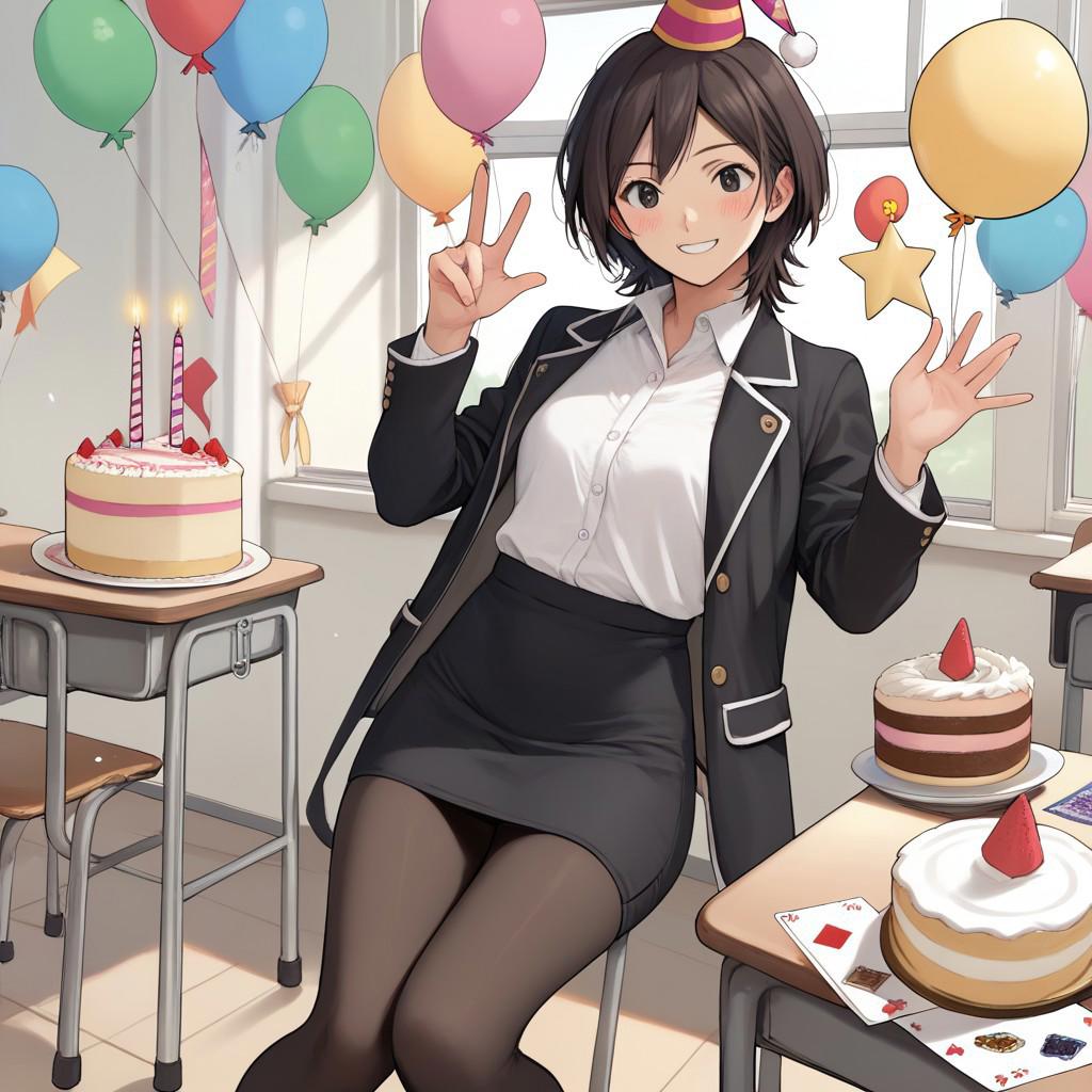 score_9, score_8_up, score_7_up, takahashi maya, 1girl, short hair, black hair, black eyes,  black jacket, open jacket, white shirt, long sleeves, pencil skirt, black pantyhose, blush, smile, looking at viewer, school classroom, birthday cake, birthday hat, birthday party, cards