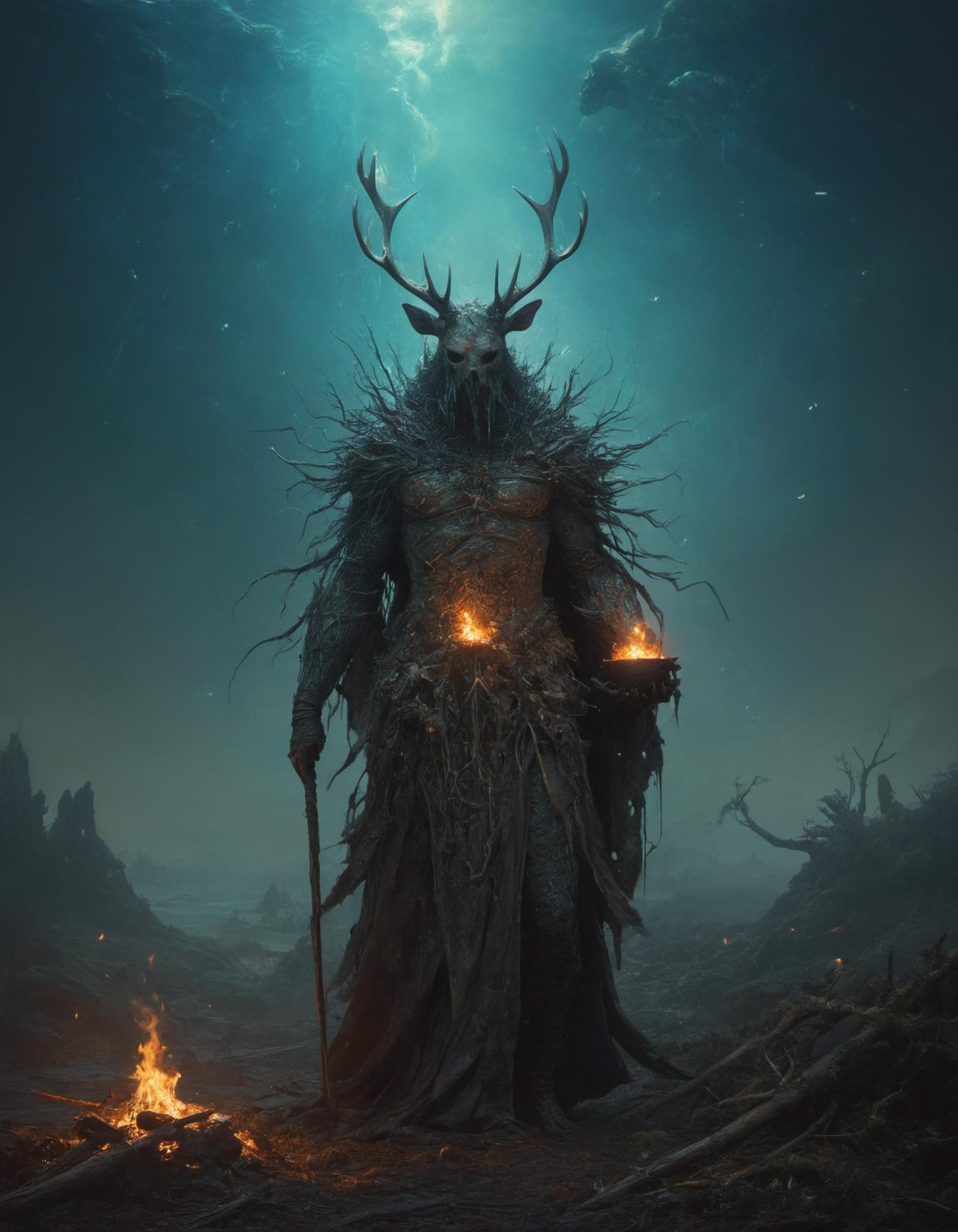 A dark and eerie image of a horned creature holding two lit torches while standing in front of a dark sky.