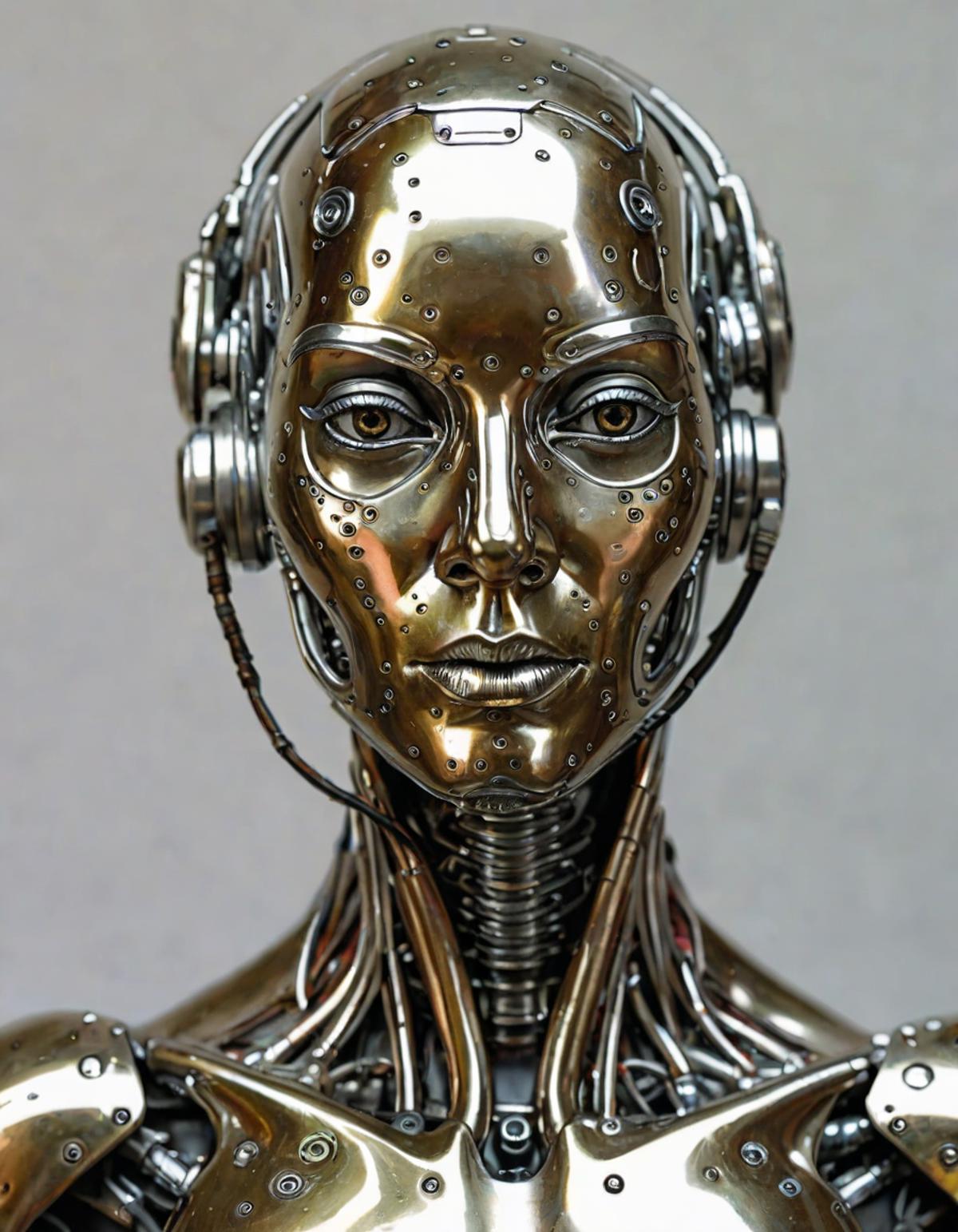 Cyboogie, cyborg figure, retro-futuristic environment, bold, metallic colors, (hyperrealistic facial features:1.3)