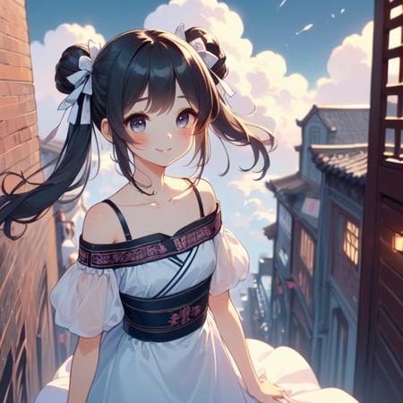 (((masterpiece))),  (((best quality))),  (((china style))),  (((crowd in busy old street))),  wind,  cloud sky,  night,  solo,  1girl,  smile,  rosy lips,  short sleeves,  off shoulders,  qipao hanfu mixed,  (((collarbone))),  ((girl stand on top floor)),  teenager,  ribbon bunhair twintails,  petite figure,<lora:EMS-221092-EMS:1.000000>