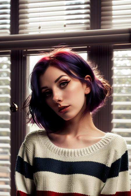 <lora:Rolyatistaylor-v1-03:1.4>  rolyatistaylor,parted lips,upper body, portrait,, Shawl Collar Sweater, Twilight, High-Speed Photography, digital camera, Light through blinds or shutters for striped or slatted patterns (Blinds/Shutters Light).