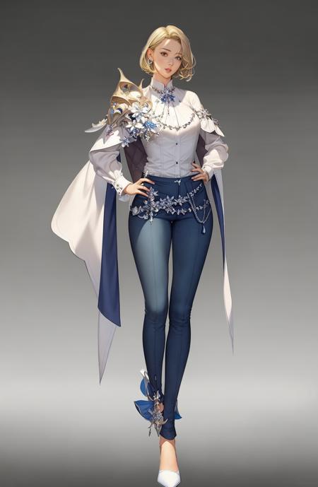 concept art, figure standing painting, 1 girl, solo, pants, hands on hips, blonde, full body, blue pants, gradient, standing, shirt, gradient background, long sleeves, cape, white footwear, short hair, looking at the audience, white shirt, flower, jewelry, belt, parted lips, shoulder armor, shoes, lips, white background<lora:rihan:1>,