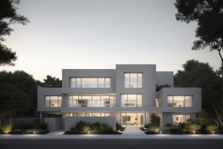 ((Best quality)), ((masterpiece)), ((realistic)), portray a modern villa with a striking concrete facade. The villa stands confidently, capturing attention within a residential neighborhood. The serene and well-maintained environment provides a tranquil backdrop. Illuminate the scene with warm, orange-yellow lighting to create an atmospheric and inviting atmosphere, reminiscent of a picturesque twilight. As the artist, embrace a contemporary and sleek style in the architectural design. Utilize 3D visualization techniques to bring the composition to life, highlighting the villa's striking qualities. Adhere to a monochromatic color scheme, emphasizing concrete gray with warm accents, adding depth and visual interest. Capture the essence of this architectural marvel with its striking presence and warm, twilight ambiance.