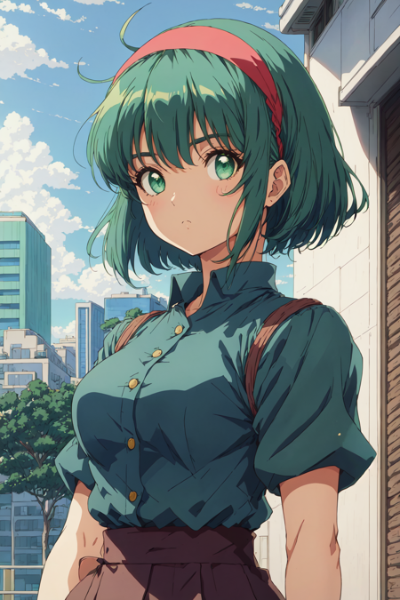 1girl, blue background, buttons, closed mouth, green eyes, hairband, looking at viewer, mj manga, official style, outdoors, plant, retro artstyle, shirt, short hair, sky, upper body<lora:MjManga:0.8>