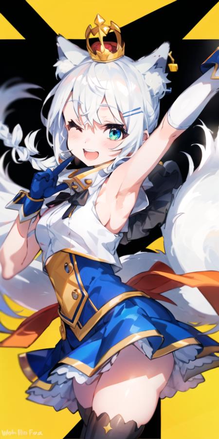 1girl, solo, virtual youtuber, shirakami fubuki, white fox ears, one eye closed, gloves,white fox tail, fox girl, white hair, long hair,white gloves, animal ear fluff, open mouth, looking at viewer, thighhighs, smile, ahoge, crown, armpits, hair between eyes, blush, official alternate costume, bangs, skirt, sleeveless, hololive idol uniform, mini crown,braid, arm up, shirt, white shirt, blue eyes, earrings, bow, sleeveless shirt, white skirt, ;d, white thighhighs, jewelry, twintails, green eyes, single braid, sidelocks, pentagram, colorful, <lora:mika_locon_v3l:1>