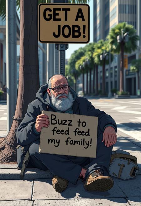 4k quality, (Perfect hand), anime, (masterpiece), (detailed face), detailed
A homeless man sitting on the curb in downtown Los Angeles. He is holding a sign on a piece of cardboard that says "Buzz to feed my family" in English text, he is sitting under a sign that reads : "GET A JOB !"