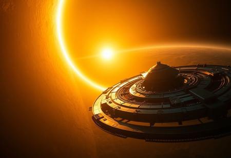 (8k, best quality, masterpiece:1.2), ultra-detailed, Masterpiece, realistic lighting, long-range perspective, maintenance-ring, battle-repair station, spaceship, beautiful golden lighting as the sun peaks out from behind a planet. its atmosphere creating a beautiful golden crescent shape.