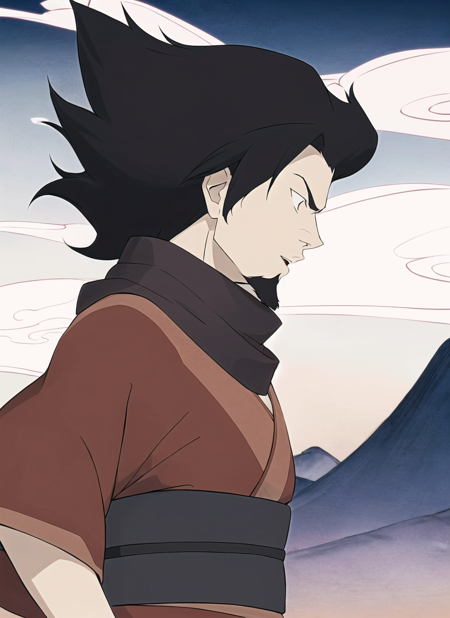 avatar wan <lora:avatar_wan_offset:1>, masterpiece, best quality,1boy, male focus, solo, scarf, japanese clothes, black hair, facial hair, kimono, from side, sash, profile, glowing, wind, upper body, spiked hair, beard, cloud, obi, long sleeves