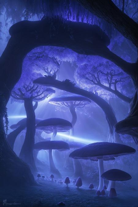 misty enchanted forest, glowing mushrooms scattered on the forest floor, ancient trees with twisting branches, soft blue and purple lighting, gentle fog rays through trees, fantasy magical vibe, high detail forest floor