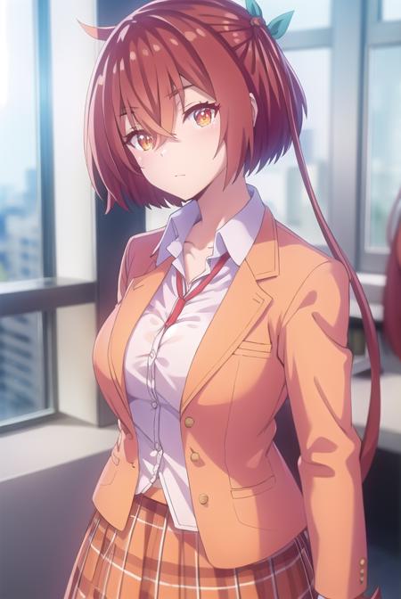 maonanjou, <lora:mao nanjou s1-lora-nochekaiser:1>,
mao nanjou, long hair, (orange eyes:1.3), red hair, side ponytail,
BREAK skirt, school uniform, jacket, plaid, plaid skirt, blazer,
BREAK indoors, classroom,
BREAK looking at viewer,
BREAK <lyco:GoodHands-beta2:1>, (masterpiece:1.2), best quality, high resolution, unity 8k wallpaper, (illustration:0.8), (beautiful detailed eyes:1.6), extremely detailed face, perfect lighting, extremely detailed CG, (perfect hands, perfect anatomy),