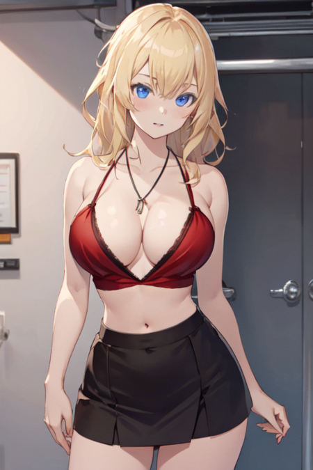 ZoeBC, 1girl, solo, long hair, blue eyes, miniskirt, blonde hair, large breasts, navel, cleavage, bare shoulders, jewelry, collarbone, midriff, black skirt, necklace, red crop top, 