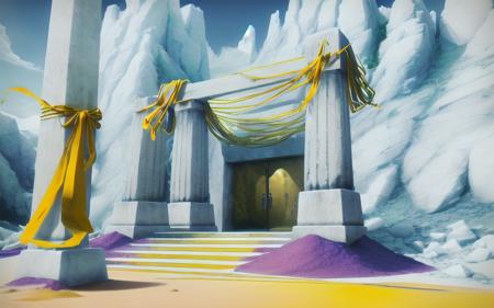 white stone, yellow metal, yellow ribbons, chalk rocks, stone tower, symbol of the nine, entry doorways, archway, stone pillar, metal pillar, metal objects, purple sand, yellow sand, purple rift, red rift, exit doorway, steps, tunnel, tunnel interior, stone symbol