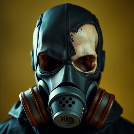 Superhero mask, half the mask ripped off, skull underneath, gas mask, cinematic