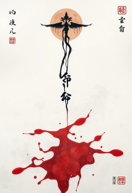 blood on the snow., Japanese symbolism, muted colors, delicate brushwork, mystical themes, serene compositions, traditional motifs, flowing lines, natural elements, introspective mood, soft gradients, ethereal atmosphere, poetic expression, mythological undertones, refined elegance, dreamlike quality