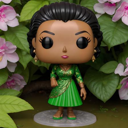 <lora:Funko Test:.7>, Funko, African, dark skin, woman, short hair, earrings, green dress, nature, foliage, eyelashes, makeup