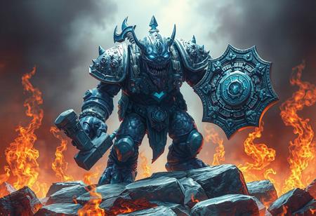 In an epic, highly detailed 8k image with a white color palette, the Acid Golem of Destruction, a purple steampunk monster, stands on a Land of Frozen Flames. Adorned with blue and gray accents, the golem holds a gray Edge Hammer and Spirit Shield, embodying anticipation and readiness. The image features vibrant colors, sharp lines, and a dynamic action pose, set against a harmonious backdrop of contrasting flames. This captivating, trending ArtStation illustration is a blend of Raphael and Houdini styles, exuding vivid emotions, cinematic quality, and a powerful message.