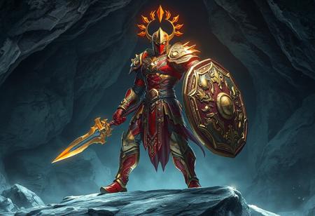 The image depicts a powerful Conduction Warrior Linear Magnum ±, radiating strength and ready for battle. Wearing vibrant red and gold armor with intricate designs, the warrior stands on a cave, holding a gleaming sword and protective shield. Their stance, with one foot forward, suggests readiness. The Frozen Ice Cave background highlights the armor's striking colors. The 4K image boasts exceptional quality, lifelike details, sharp lines, harmonious colors, and a dynamic action pose, making it a captivating and trending piece on Artstation HD, 4K, and 8K platforms.
