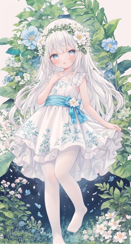 white pantyhose,no shoes,
watercolor, masterpiece, best quality, extremely detailed, 1girl, full body, beautiful detailed eyes, cute anime face, full body, beautiful detailed face, white hair, (Botanical illustration:1.5), white dress,