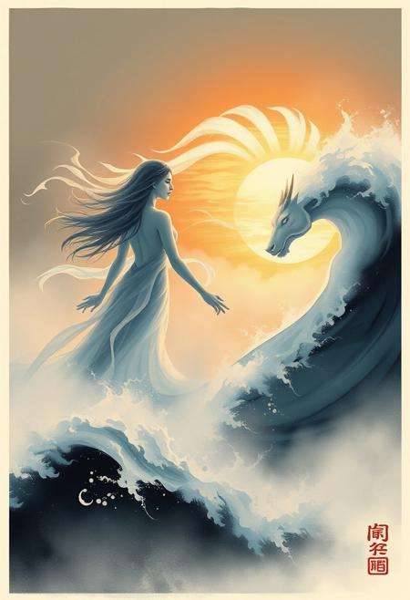 Ethereal figures rise from the ocean, their translucent forms blending with the mist. Their hair flows like water, catching the last golden light of a dramatic sunset, while waves curl and dance around them in hypnotic motion., classical ink realism, warrior philosophy, expressive brushwork, dynamic composition, minimalistic strength, disciplined aesthetics, symbolic animals, spiritual motion, traditional Chinese and Japanese influences, moral clarity, gestural precision, dramatic contrast, meditative visual storytelling