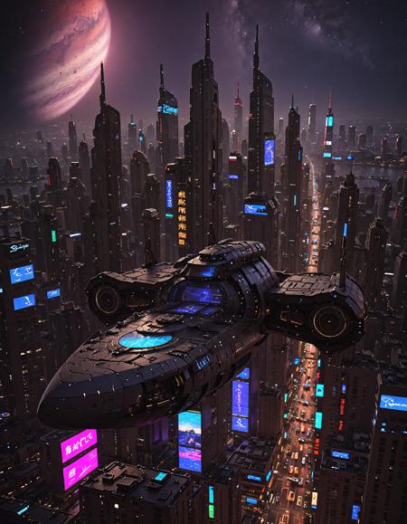 detailed artwork of cbbebop spaceship over a cyberpunk city at night detailed, neon lights, epic sky, undefined