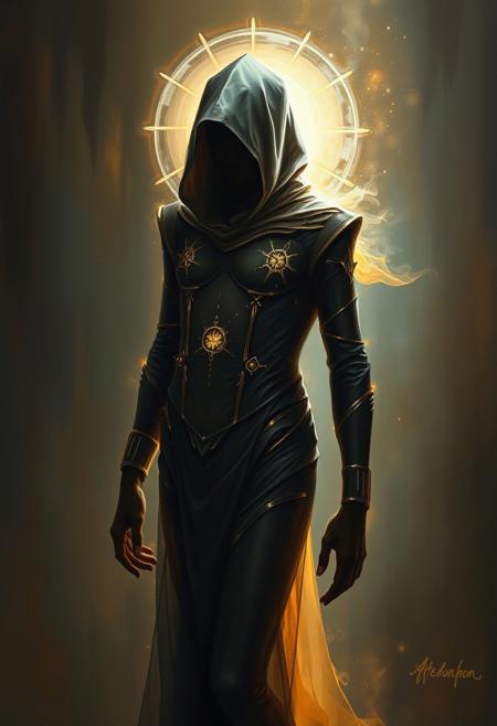 A painting portraying a sleek, enigmatic figure radiating a light aura and mystical feeling, with intense dramatic lighting, high contrast, and an ethereal spiritual vibe. The style is reminiscent of a masterfully crafted painting, conveying astonishment through rapidity and concealment.