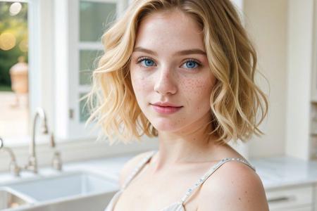 a beautiful girl, short light blonde wavy hair, above shoulder length blond curly hair, bob cut, blue eyes, (blue eyes:1.1), 1girl, standing full body, (full camera shot:1.5), in the kitchen, marble kitchen block, modern kitchen, 4K, RAW, best quality, (masterpiece), (ultra-detailed), (hyperrealism:1.2), extremely detailed eyes, (extremely detailed face), textured skin, (photorealistic, hyperdetailed:1.2), insane details, natural look, cute face, stunningly beautiful, pale skin, freckles, blush, detailed skin, extremely detailed, (RAW photo, best quality), (realistic, photo-realistic:1.3), best quality ,masterpiece, an extremely delicate and beautiful, extremely detailed natural lighting, summer, sun rays, film grain, (bokeh:1.3), Porta 160 color, shot on ARRI ALEXA 65, sharp focus on subject, Fujifilm XT-3, <lora:picxer_real:0.8>