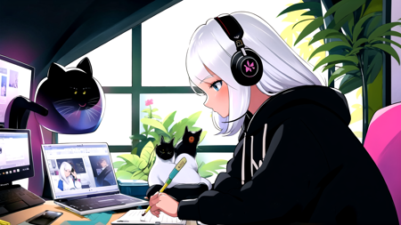 <lora:LoFi_Aesthetic-10:1> LoFi Aesthetic, (masterpiece, best quality, ultra-detailed, highres), 1girl, solo, cat, headphones, long hair, plant, black cat, solo, stylus, drawing tablet, indoors, window, white hair, computer, holding, potted plant, hoodie, hood, drawing, cup, sitting, blue eyes, holding stylus, profile, flower, black hoodie, animal, from side, hood down, laptop, monitor, headphones, profile,