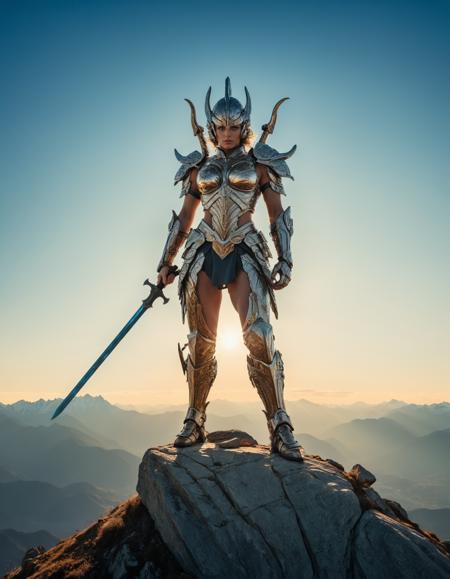 by Geof Darrow and Ruth Bernhard, hyper realistic full view photo of  a (legendary warrior wielding a legendary weapon, standing atop a mountain peak overlooking a vast kingdom:1.1),  (sexy , delightful , luminar , ethereal , masterful:1.4), bold lines, hyper detailed, award winning, limited color palette, high contrast, depth of field, (intricate details, masterpiece, best quality:1.4)

dramatic cinematic lighting, film grain, looking at viewer, dynamic pose, wide angle panoramic view,

<lora:add-detail-xl:0.5> <lora:xl_more_art-full_v1:0.5> <lora:looking_at_viewer:2>