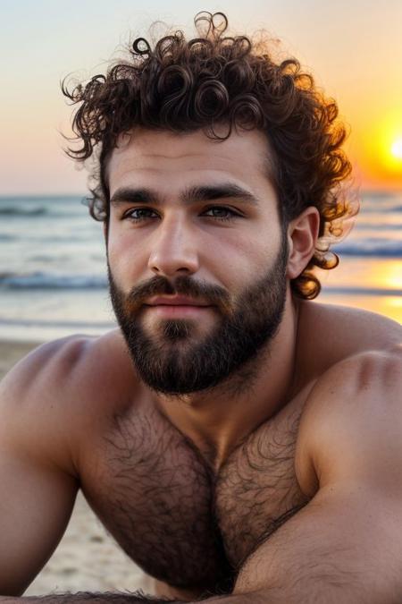 A close-up photo of a handsome hairy fit romanian man, on the beach, looking the viewer, sunrise, curly hair