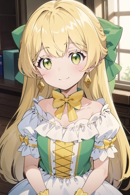 Telestia, 1girl, green eyes, earrings, bangs, blonde hair, puffy short sleeves, hair bow, white dress, striped bow, long hair, <lora:Telestia:0.6>, smile