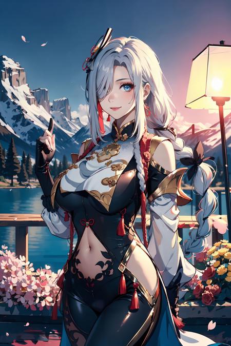 <lora:ShenHe:0.8>, shen_he, beautiful girl, dancing, ((cowboy shot)), white hair, ((very long hair)),(gigantic breasts), braid ponytail, ponytail, jewelry, hair over one eye, black bodysuit, hip vent, shoulder cutout, navel, breasts curtain, hair ornament, blue eyes, full body, masterpiece, best quality,  (colorful),(delicate eyes and face), volumatic light, ray tracing, bust shot ,extremely detailed CG unity 8k wallpaper,smile,((flying petal)),(Flowery meadow) sunny,sunshine, light, fantasy, windy, magic sparks, trees, lake, mountains, ((flowers)),harano,