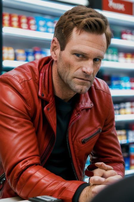 a handsome man in a red leather jacket, in a convenience store, ready for action, upper body, close up, (looking at camera), (candid, amateur), (raw, 8k, uhd, fujifilm xt3),  <lora:aaronEckhart:1>