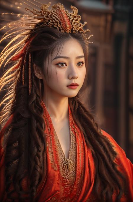 8K ,((masterpiece)),((highly detailed)),
1girl, Chinese ancient-style beauty,((an extremely delicate and beautiful)), queen,(((detailed head))), (((facial close-up))), flowing hair, phoenix crown, wearing a ((red dragon-phoenix gown)), with a( bell tower) background, slight depth of field,smirk