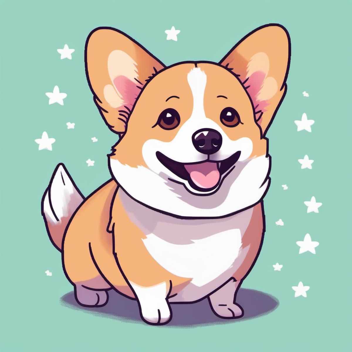 A cute cartoon drawing of a smiling corgi dog with stars in the background.