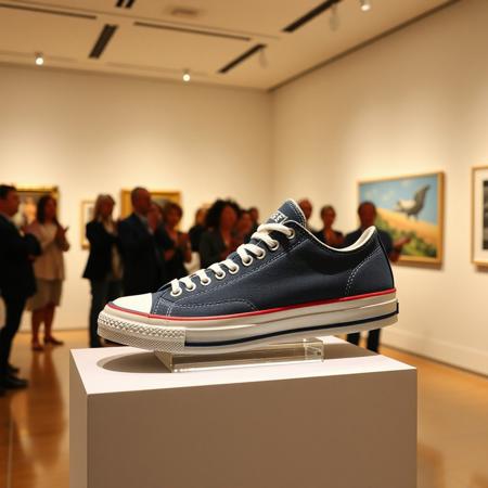 an art exhibition in which a tennis shoe is being displayed as a work of art, the public, which is rich, applauds the work