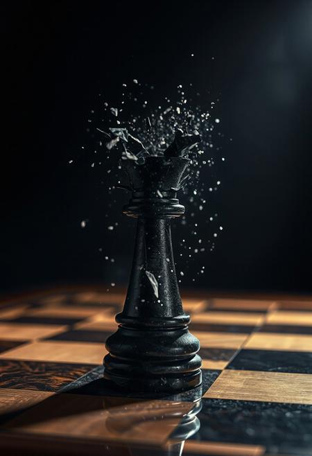 A hand-carved black knight chess piece, set on a polished wooden chessboard under dramatic studio lighting. In a ral-dissolve effect, the top of the knight begins to fragment into jagged shards of black marble and faintly glowing white particles, which scatter into the HDR-lit air. The reflections on the chessboard add realism to the scene, with light bouncing off the glossy surface of the dissolving piece.
 <lora:ral-dissolve-flux_000005000:1>