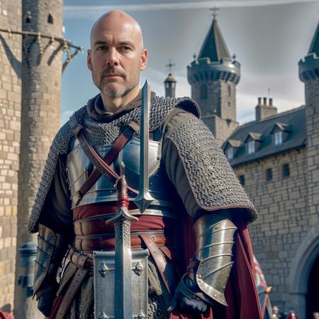 guard:1.3, <lora:RPGGuard:0.8>  male focus, boots,  holding sword, sword, red cape, scar on face, sky, armor, facial hair, beard, multiple boys, 6+boys, realistic:1.3, bald, chainmail, castle, (medieval city street:1.1), (professional lighting:1.2)