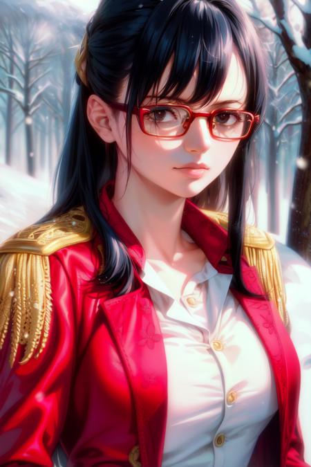 ultra realistic 8k cg, masterpiece, ((ultra detailed background, delicate pattern, intricate detail)), (highly detailed, fine details), best quality, (photorealistic:1.4),beautiful lighting,  absurdres, RAW photo, film grain, ((medium breasts, slim girl)), Tashigi, 1girl, solo, black hair, glasses, epaulettes, gloves, closed mouth, blue hair,  long hair, red-framed eyewear, pants, coat, shirt, brown eyes, floral print, (complex detailed background, snowy nature environment, snow, daytime, sunny, close-up, portrait),((slim girl, medium breasts)), <lora:DetailTweaker:0.5>,  <lora:BeautifulDetailedEyes:0.5> <lora:Tashigi:0.7>