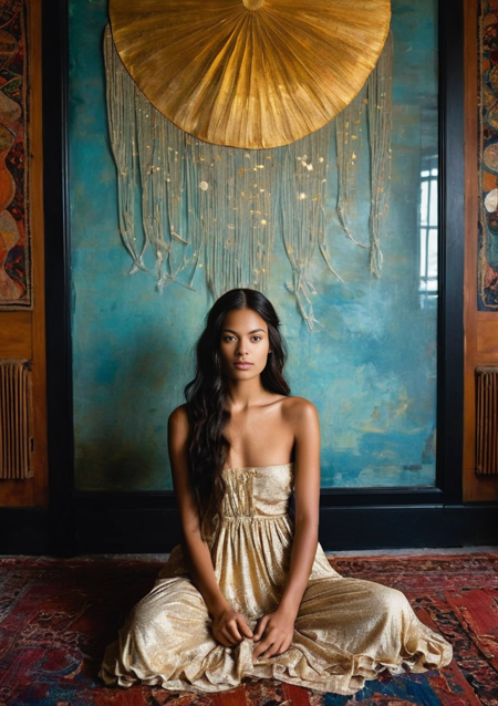 RAW image, nighttime moonlit photorealistic portrait,  a Tahitian19-year-old girl with perfect nipples, thin body, hypnotic gaze,  (perfect nipples:1.1o), slender body, hA youthful and glamorous Polynesian woman with glowing brown skin and elegant modern beauty, sitting cross-legged in her bedroom at dawn, writing in her dream journal. Her expression is soft and introspective.Her hair is styled in an artistic braid with seashell accents. The pages of her journal seem to glow faintly as if her dreams still shimmer in ink. 16:9 canvas, high detail, painterly brush texture, cinematic ambient light, magical realism meets high-art surrealism.The natural imperfections of light refraction and fine grain texture elevate the image's realism, ensuring it matches the standards of professional photography and advertising industries.