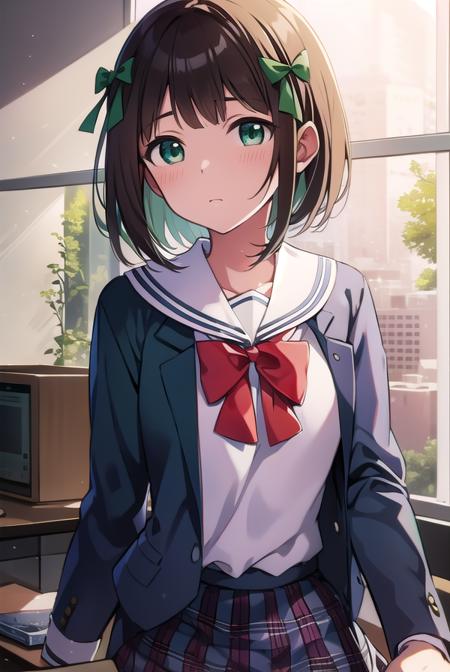 harukaamami, <lyco:harukaamami-LYCORIStest:1>,
haruka amami, brown hair, (green eyes:1.5), short hair, (hair bow:1.3), hair ribbon, bangs, blunt bangs, (small breast:1.2),
BREAK bag, bow, school uniform, serafuku, skirt, sweater, long sleeves, red bow, blue skirt, grey sweater,
BREAK looking at viewer,
BREAK indoors, classroom,
BREAK <lora:GoodHands-vanilla:1>, (masterpiece:1.2), best quality, high resolution, unity 8k wallpaper, (illustration:0.8), (beautiful detailed eyes:1.6), extremely detailed face, perfect lighting, extremely detailed CG, (perfect hands, perfect anatomy),